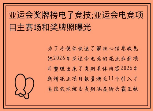 亚运会奖牌榜电子竞技;亚运会电竞项目主赛场和奖牌照曝光